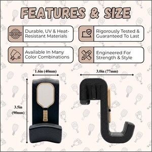 May include: Black and gold pickleball paddle holder, 3.5 inches (90mm) tall, 1.6 inches (40mm) wide, and 3.0 inches (77mm) long. The holder is designed to be durable, UV and heat-resistant, and available in many color combinations. The text "FEATURES & SIZE" is at the top.