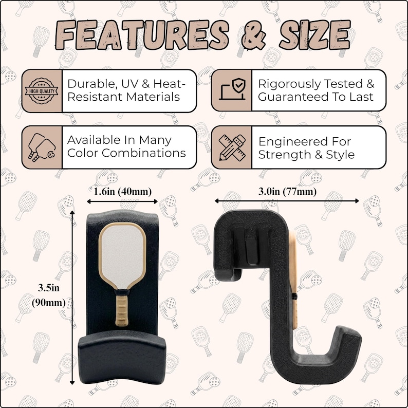 May include: Black and gold pickleball paddle holder, 3.5 inches (90mm) tall, 1.6 inches (40mm) wide, and 3.0 inches (77mm) long. The holder is designed to be durable, UV and heat-resistant, and available in many color combinations. The text "FEATURES & SIZE" is at the top.