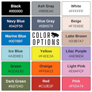 May include: A color chart featuring fifteen rectangular swatches with names and hex codes. The text reads COLOR OPTIONS with a small frog icon. Colors include black, ash gray, white, navy blue, blue gray, beige, marine blue, latte brown, ice blue, yellow, lilac purple, green, orange, light pink, dark green, red, and pink.