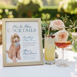 Cartello per matrimonio personalizzato con ritratto di animale domestico ad acquerello, cartello per cocktail esclusivo, cartello per bar per matrimoni