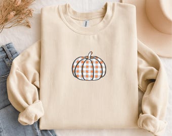 Geborduurd pompoensweatshirt, geborduurde herfsttrui, geruit sweatshirt, Halloween pompoensweatshirt, herfstcadeaus, ronde hals voor de herfst, unisex