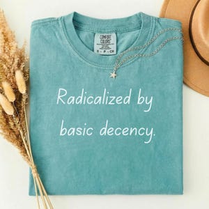 Könnte beinhalten: Ein türkisfarbenes Comfort Colors T-Shirt mit dem Text "Radicalized by basic decency." Eine silberne Stern-Anhänger-Halskette liegt auf dem Shirt. Ein brauner Hut und Trockenblumen sind im Hintergrund.