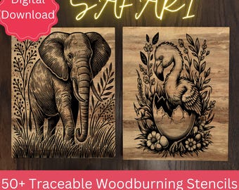 Safari Wood Burning Stencil Bundle of 50, Traceable Pyrography, Eagles, Lions, Elephants, Flamingo, Monkey's, Digital Download, 512x512 PNG.