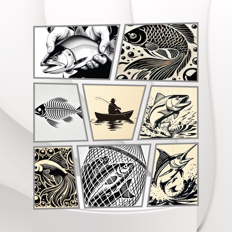 Fishing Theme Wood Burning Pattern, 50 Pack , Template, 512x512 PNG