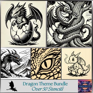 May include: A digital download bundle of over 50 dragon-themed stencils. The images include a dragon hatching from an egg, a dragon wrapped around a tree, a dragon's eye, and a cartoon dragon.