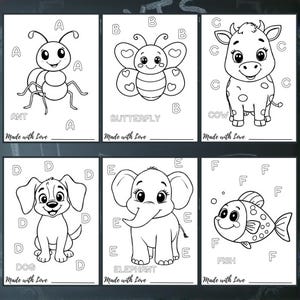 Páginas para colorear del abecedario, baby showers, fiestas de cumpleaños, aulas, aprendizaje en casa, preescolar, imprimibles, descarga digital instantánea, entretenimiento