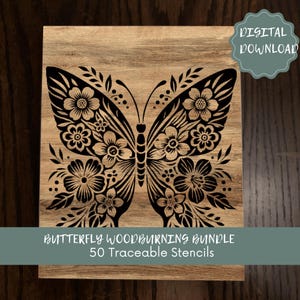 Vlinderhoutgestookte bundel, 50 traceerbare stencils, pyrografie grafisch pakket, digitale download, 500 x 500 png, unieke patronen, sjabloon