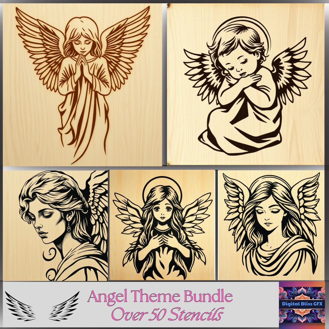 Angels Wood Burning Designs, 50 Pack, Template, PNG, Various Unique ...