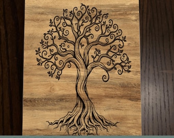 Motivo a pirografia con alberi, confezione da 50 stencil, modello, PNG 512x512, vari alberi con ambientazioni uniche, arte digitale, grafica.