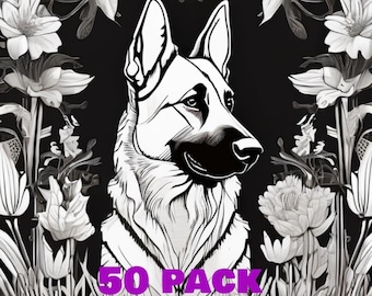 Set di 50 motivi, stencil e disegni per pirografia per amanti dei cani, formato PNG 512x512, raffiguranti vari cani con ambientazioni uniche.