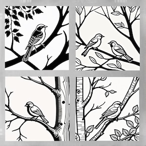 Pu&ograve; includere: Quattro illustrazioni in bianco e nero di uccelli sugli alberi. Ogni illustrazione presenta una specie diversa di albero e uccello. Gli uccelli sono rappresentati in modo semplice e stilizzato.