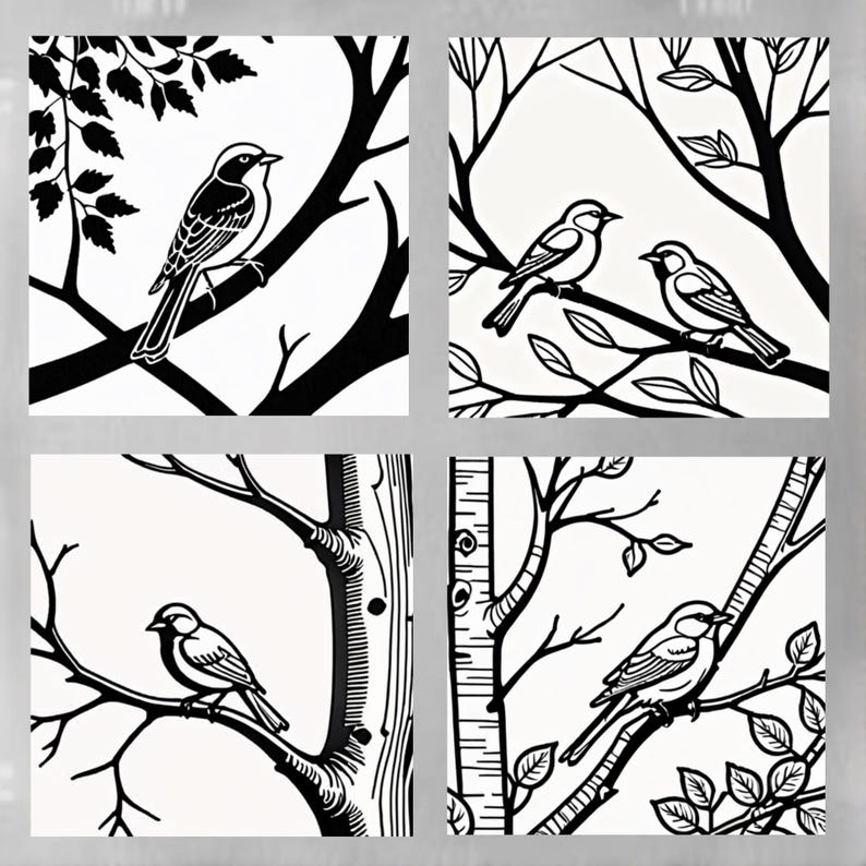 Pu&ograve; includere: Quattro illustrazioni in bianco e nero di uccelli sugli alberi. Ogni illustrazione presenta una specie diversa di albero e uccello. Gli uccelli sono rappresentati in modo semplice e stilizzato.