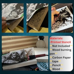 Pu&ograve; includere: Un kit per la pirografia con uno stencil stampato, carta carbone, nastro adesivo, matita e legno. Lo stencil &egrave; un'immagine in bianco e nero di un angelo con le ali. Il kit non &egrave; incluso.
