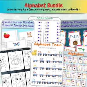Paquete de alfabeto para preescolar y jardín de infantes, tarjetas didácticas del abecedario, hojas para colorear y trazar, letras faltantes, correspondencias, carteles. 83 páginas imprimibles