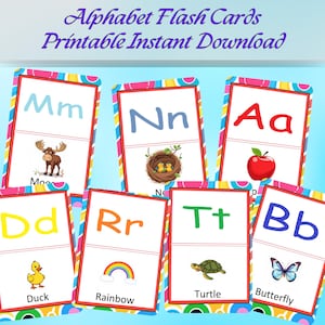 Cartes flash alphabet, apprentissage à domicile, salle de classe, téléchargement numérique imprimable, 3,6 x 5,5 pouces, lettres avec images. ABC de A à Z