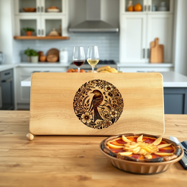 Pu&ograve; includere: Un tagliere di legno con un design bruciato di un uccello in una ghirlanda di fiori. Il tagliere &egrave; appoggiato su un tavolo di legno con una torta davanti.