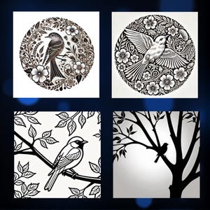 Pu&ograve; includere: Quattro illustrazioni in bianco e nero di uccelli in varie pose. La prima immagine mostra un uccello posato su un ramo con fiori e foglie. La seconda immagine mostra un uccello in volo con fiori e foglie. La terza immagine mostra un uccello posato su un ramo con foglie. La quarta immagine mostra un uccello posato su un ramo con foglie.