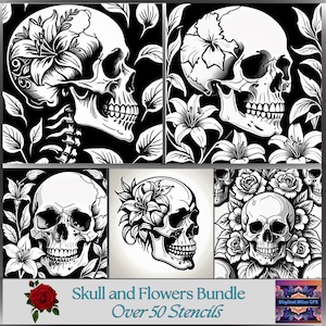 Schädel und Blumen Brandmalerei Muster 50er Pack, 512x512 PNG, , digitale Kunst, Design, Wandkunst, Pyrographie, Sofort Download