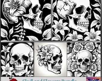 Conjunto de 50 padrões para pirografia com caveiras e flores, modelo, PNG 512x512, arte digital, design, arte de parede, pirografia, download instantâneo