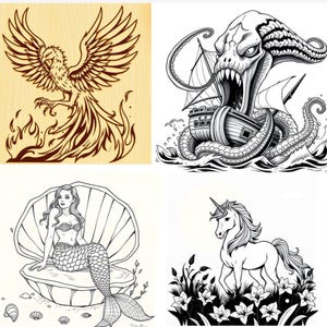 Stencil voor houtgestookte, 50+ patronen mythische wezens – eenhoorns, zeemeerminnen, Kraken en feniks – digitale download kunst aan de muur
