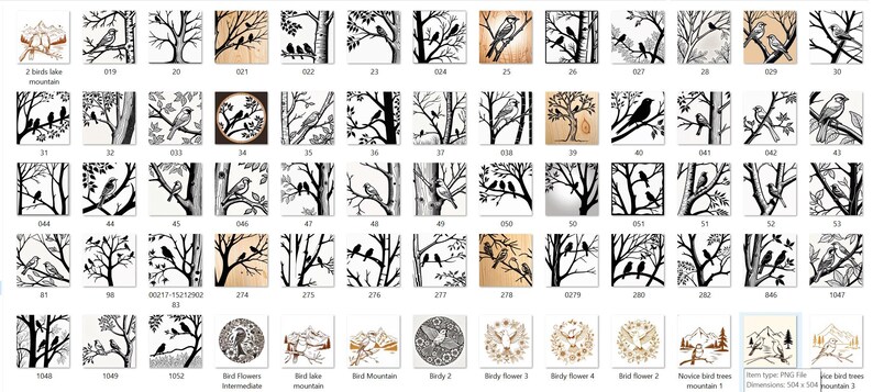 Pu&ograve; includere: Una collezione di 53 illustrazioni in bianco e nero di uccelli e alberi. Le illustrazioni sono disposte in una griglia. Ogni illustrazione &egrave; incorniciata in un quadrato bianco. Le illustrazioni sono tutte nello stesso stile, con un'estetica semplice e minimalista.