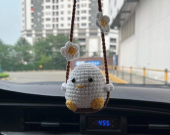 Colgador de espejo retrovisor de coche con forma de pato, hecho a mano con ganchillo, accesorio colgante de hilo de algodón.
