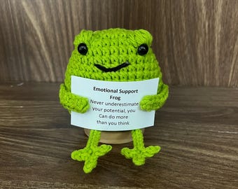 Grenouille Au Crochet En Laine Avec Carte D'affirmation - Poupée émotionnelle Faite Main, Décoration Bureau Ou Maison - 3