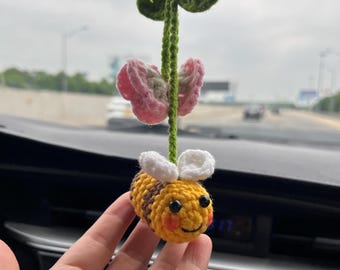 Handmade Crochet Bee & Butterfly Car Charm, Cute Rearview Mirror Hanging Ornament, Car Accessory, Nature Lover Gift, Whimsical Car Decor