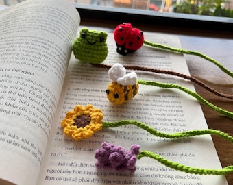Handgemaakte gehaakte bladwijzer dieren en bloemen, bladwijzer kikker, bladwijzer lieveheersbeestje, bladwijzer bij, zonnebloem, lavendel bladwijzer, cadeau boekenliefhebber