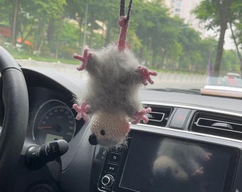 Crochet Opossum Car Charm: Handmade Cotton Car Mirror Ornament