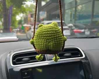 Crochet Frog Car Charm, Cute Rearview Mirror Hanger, Funny Car Accessory, Handmade Gift