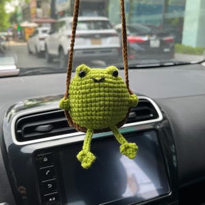 Handmade Crochet Frog on Swing, Cute Butt Frog Car Mirror Hanger, Unique Car Decoration & Gift for Her