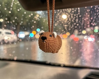 Handmade Crochet Hyrax Car Charm – Rare Animal Rearview Mirror Hanger, Cotton Yarn