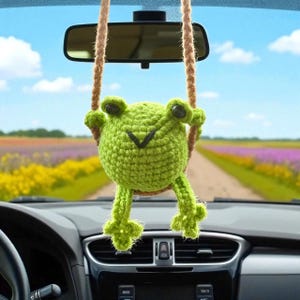 Crochet Frog Car Mirror Hanging: Handmade Cotton Swing Decoration