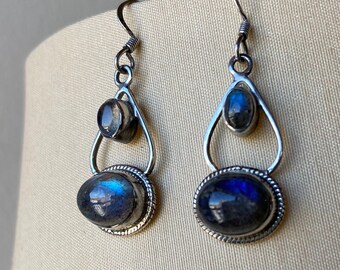 Earrings — Polished Labrodorite Ovals in Silver