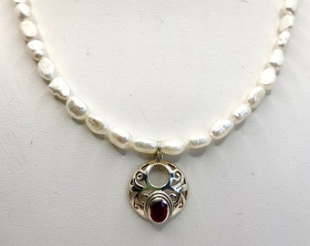 Necklace — Faceted Ruby in Sterling Filagree Setting, Freshwater Pearls