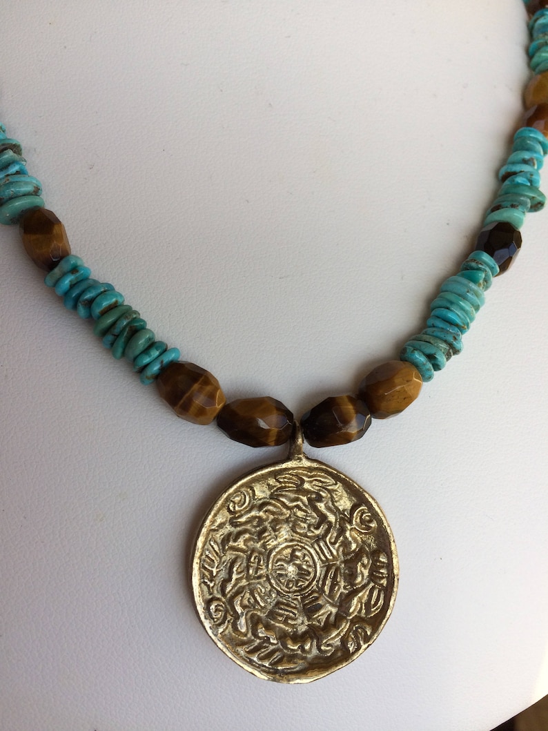 Necklace \u2014 Brass Pendant Turquoise and Tigers Eye