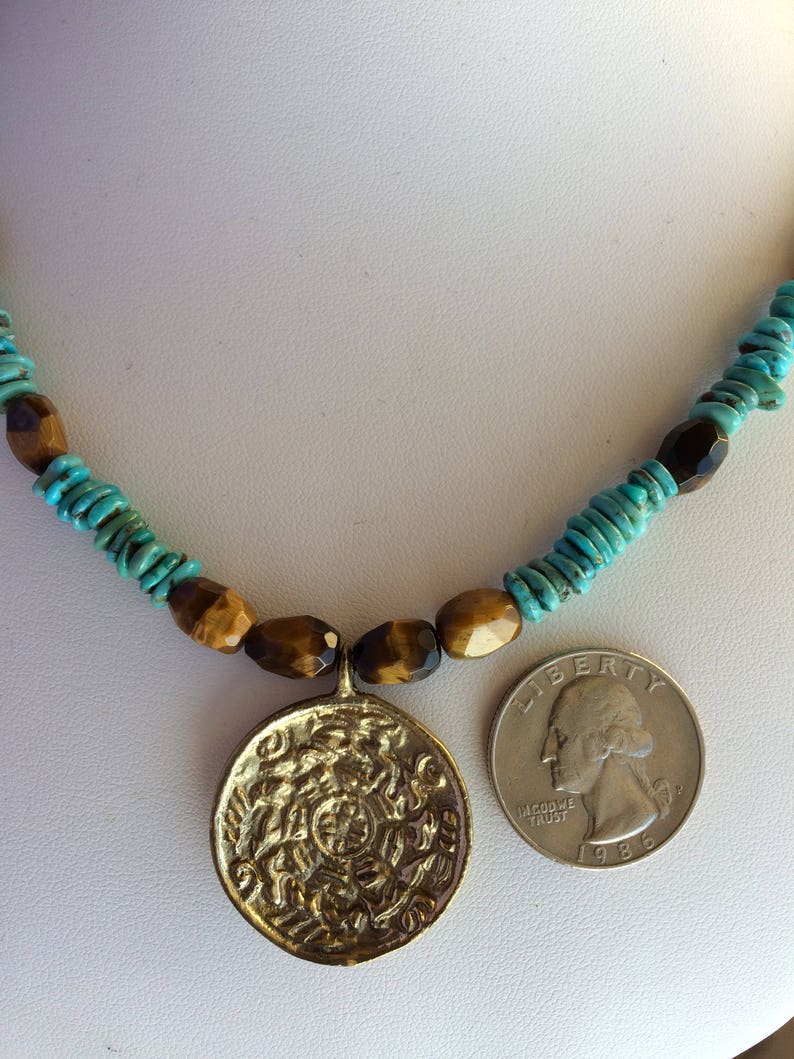Necklace \u2014 Brass Pendant Turquoise and Tigers Eye
