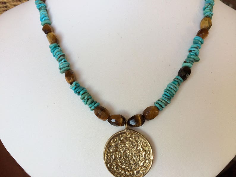 Necklace \u2014 Brass Pendant Turquoise and Tigers Eye