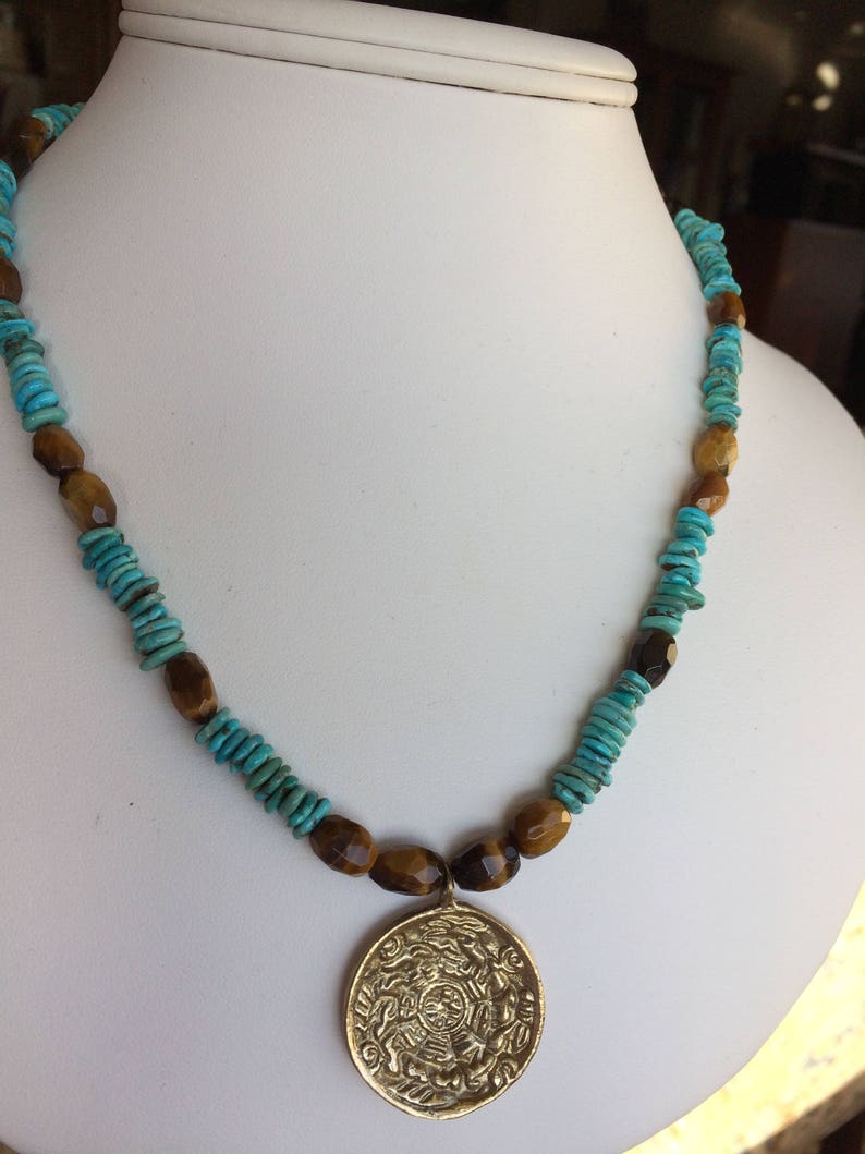 Necklace \u2014 Brass Pendant Turquoise and Tigers Eye