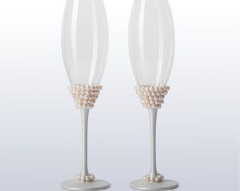 Copas de boda Set de 2 Bodas Perla Blanca, Copas de champán Bodas Perla, Copas personalizadas, Regalo para pareja, Copas personalizadas Perla