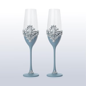 Wedding flutes Set of 2 Blue Infinity wedding, Wedding glasses Dusty blue and silver wedding, Crystal glasses Blue wedding, Gift for couple