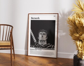 May include: A framed poster featuring a black and white illustration of a manga character from "Berserk." The poster has a dark background with the character's face and part of a sword visible. The poster is in a wooden frame.