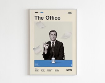 May include: A black and white poster with a minimalist design featuring a photo of Steve Carell as Michael Scott from the TV show "The Office". The poster has the title "The Office" in black text and the year "2005" in white text on a blue background.