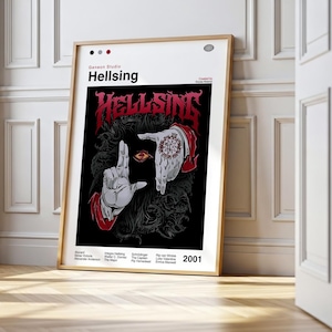 Peut inclure: Affiche encadrée avec le titre "Hellsing" en lettres gothiques rouges. L'œuvre présente un fond noir avec une image centrale d'un œil stylisé et de mains, avec des accents rouges et blancs. L'affiche est appuyée contre un mur blanc.