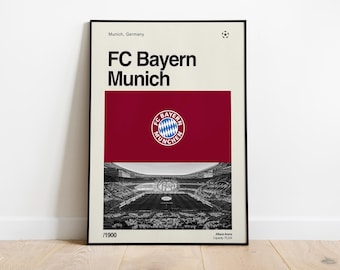 May include: A retro-style poster featuring the FC Bayern Munich logo and a black and white photo of the Allianz Arena. The poster is red, white, and black with the text "FC Bayern Munich" in bold black letters. The text "Munich, Germany" appears in the top left corner. The text "Allianz Arena Capacity 75,000" appears in the bottom right corner.