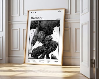 May include: A framed black and white poster with the word "Berserk" at the top. The poster shows a detailed illustration of an armored character with a large sword. The year "1997" is printed at the bottom of the poster.