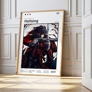 May include: A framed poster with the title "Hellsing". The artwork shows a character in a red coat holding a weapon. The poster is propped against a white wall and wooden floor.