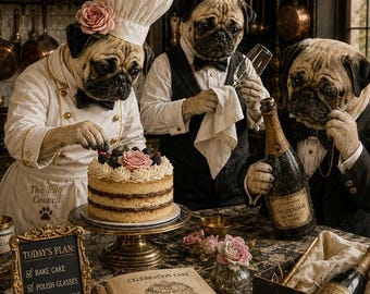 Funny Pug Birthday Card, The Pug Council Greeting Card, Vintage Party Illustration, Dog Lover Birthday Gift