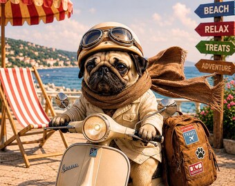 Bon Voyage Pug Postcard, Vintage Travel Dog Card, Cute Pug on Scooter, Beach Vacation Card, Dog Lover Gift, Farewell Travel Card